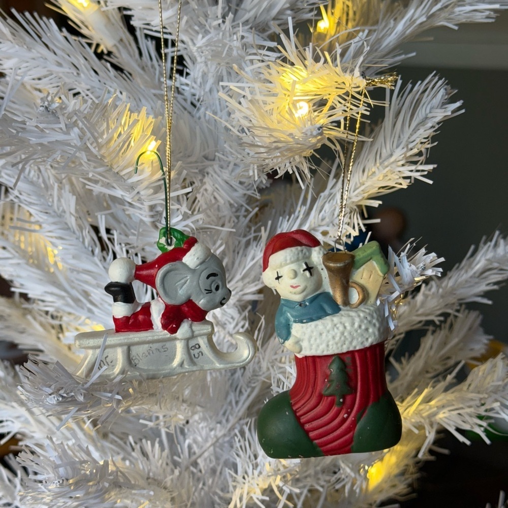 1985 Christmas Mouse Ornaments with Santa and Stocking